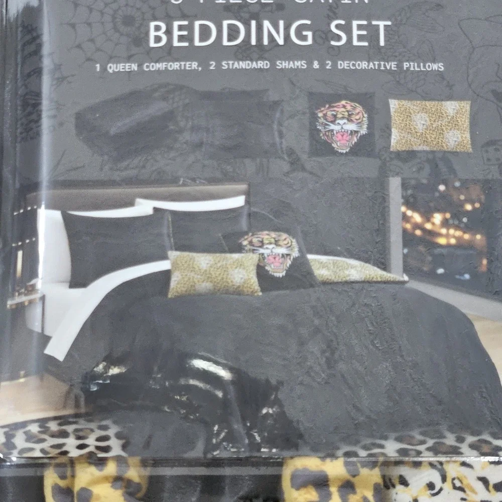 Ed Hardy Queen 8 Pc Bedding Set Reversible Skull Leopard Tattoo Y2K Gothic